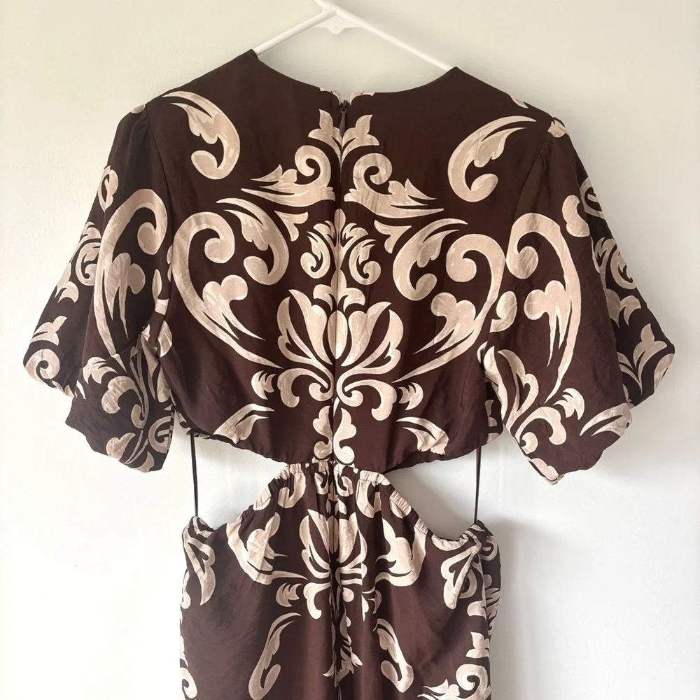Abercrombie & Fitch Short Puff Sleeve Cutout Maxi Dress Brown Tan Floral Pattern